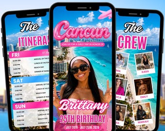 Animated Cancun Mexico Birthday Weekend Invitation, Vacation Itinerary Travel Planner, Editable Canva Template, Instant Digital Download