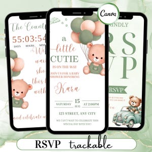 Może przedstawiać: Trzy ekrany smartfonów wyświetlające zaproszenia na baby shower. Centralny ekran wyświetla napis "a little cutie is on the way" z ilustracją misia i balonami. Pozostałe ekrany pokazują szczegóły odliczania i RSVP. Projekt charakteryzuje się miękkimi kolorami.