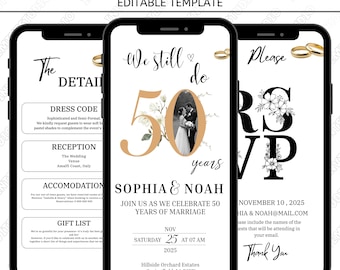 Luxury 50th Wedding Anniversary Invitation, Animated Digital Video Invite, Editable Canva Template, Black & White Anniversary Celebration