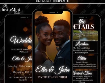 Animated Wedding Invitation, DIY Canva Template, Modern Black & Gold Luxury Digital Video Invite, Editable Wedding Invite