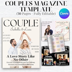 May include: A magazine template titled "Couples Magazine Template" with the text "(30 Pages - Fully Editable)". The cover features a couple with the text "A Love Story Like No Other". Additional pages are visible.