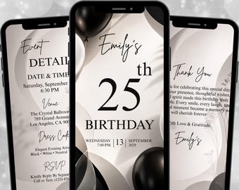 Animated Black Silver Birthday Party Invitation, Luxury Elegant Video Evite, Classy Customizable Digital Invite, Editable Canva Template