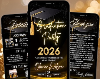 Digital Graduation Party Invitation, Editable Senior 2026 Announcement, Animated Black & Gold Digital Party Invitation, Canva PDF Download
