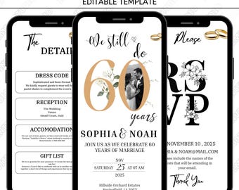 Luxury 60th Wedding Anniversary Invitation, Animated Digital Video Invite, Editable Canva Template, Black & White Anniversary Celebration