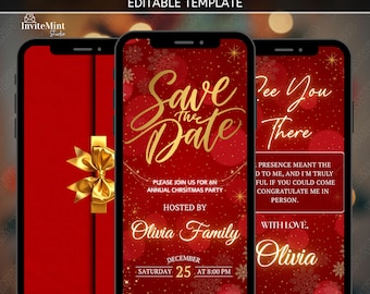 Elegante invitación en vídeo para reservar la fecha de la fiesta de Navidad, invitación digital navideña en rojo y dorado, plantilla editable de Canva, descarga instantánea en PDF.