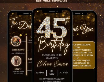 Animated 45th Birthday Party Invitation, Canva Template, Digital Envelope Animated Invite, Diamond Brunch Evite, Birthday Party Video Invite