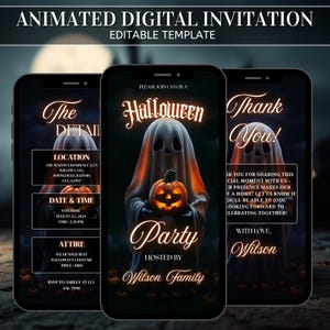 May include: Animated digital Halloween party invitation template displayed on three smartphones. The central phone features a ghost holding a glowing pumpkin. Text includes party details, date, time, and RSVP information.