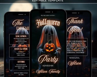 Animierter Halloween-Geist Gruseliger Kürbis Party-Einladung, Digitale Vorlage, Halloween-Video einladen, Kostümparty einladen, Canva Design