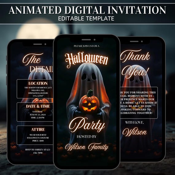 Animated Halloween Ghost Spooky Pumpkin Party Invitation, Digital Template, Halloween Video Invite, Costume Party Invite, Canva Design