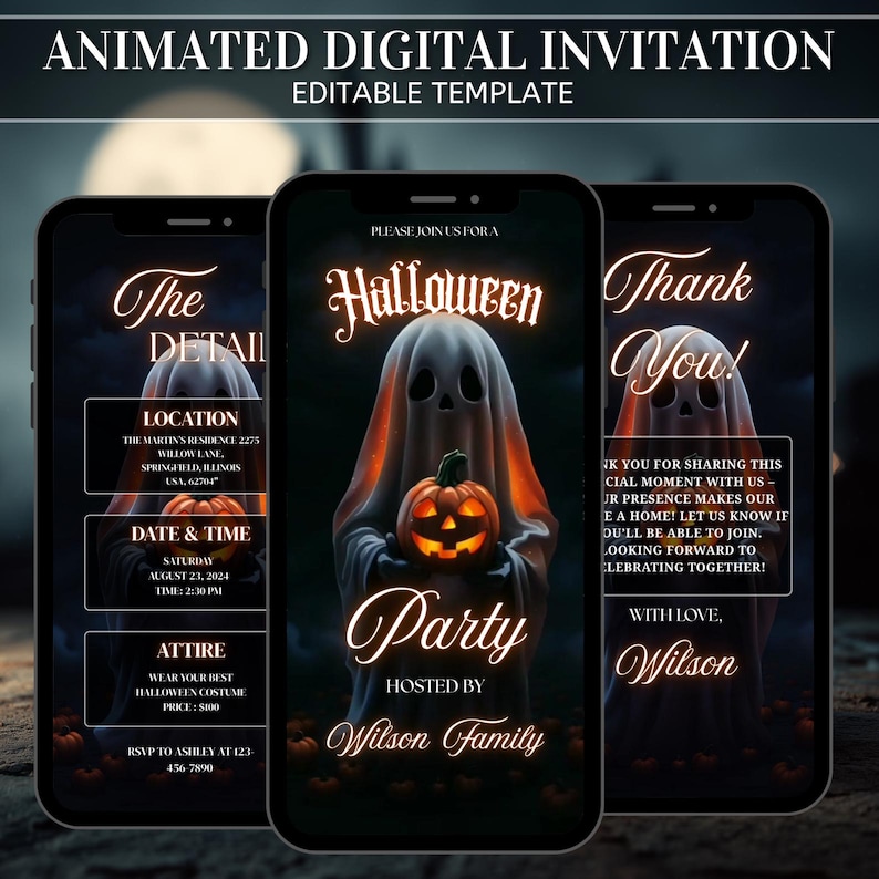 May include: Animated digital Halloween party invitation template displayed on three smartphones. The central phone features a ghost holding a glowing pumpkin. Text includes party details, date, time, and RSVP information.