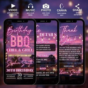 May include: Three smartphone screens showing a birthday BBQ invitation. The first screen says "Birthday BBQ Chill & Grill" with event details. The second screen shows event details, including location and attire. The third screen says "Thank You!" with a message.