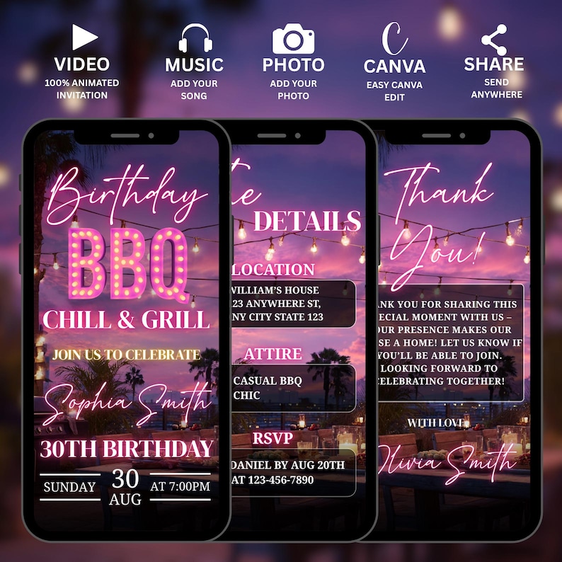 May include: Three smartphone screens showing a birthday BBQ invitation. The first screen says "Birthday BBQ Chill & Grill" with event details. The second screen shows event details, including location and attire. The third screen says "Thank You!" with a message.
