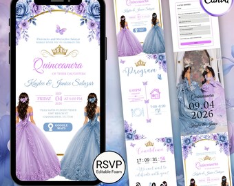 Website für Einladungen zum Geburtstag der Zwillingsschwestern der Königin, königsblaue und rosa florale Einladung zum 16. Geburtstag, Website für die Antwortmöglichkeit zur Quinceañera, Canva-Vorlage