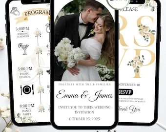 May include: Three smartphones displaying wedding-themed content. The center phone shows a couple embracing, with text reading "Emma & James" and "Invite you to their wedding invitation October 25, 2025." Other phones show wedding program and RSVP details.