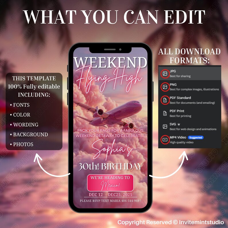 Op de afbeelding: Een smartphone toont een roze en witte uitnodiging voor een 30e verjaardagsweekendje weg. De uitnodiging bevat een vliegtuigafbeelding, de tekst "Weekend Flying High" en details over het evenement, inclusief de bestemming en datum.