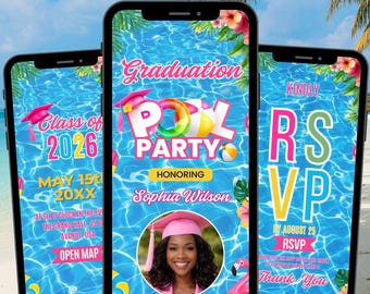 Editable Luau Pool Graduation Invitation, Animated Summer Beach Party Birthday Invite for College or High School, Digital Download