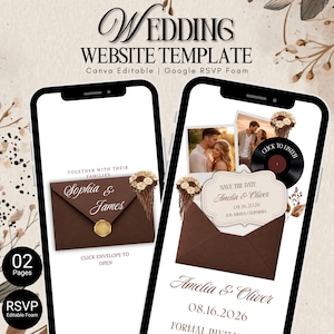 Op de afbeelding: Een trouwwebsite-sjabloon weergegeven op twee smartphones. Het ontwerp toont een bruine envelop met de namen "Sophia & James" en "Amelia & Oliver", en de datum 16-08-2026. Het sjabloon biedt bewerkbare RSVP-formulieren.
