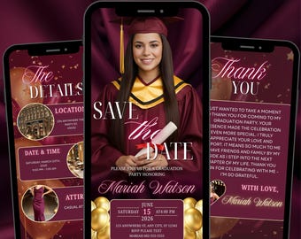 Animated Graduation Save The Date Invitation, Digital Magenta Class of 2026, Editable Canva Template, She Did It Canva Template,PDF Download