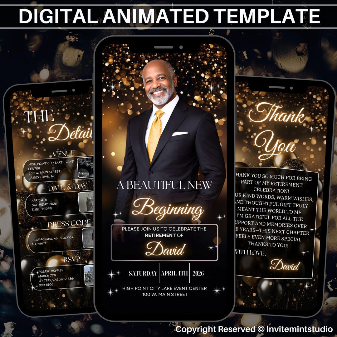 Animated Digital Retirement Party Invitation for Him, Black & Gold ...