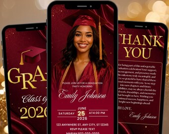 Editable Red Gold Graduation Party Invite, Class of 2026 Animated Graduation Invitation, Canva Senior Grad Announcement Template