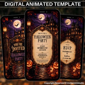 May include: A digital animated template for a Halloween party invitation displayed on three smartphones. The design features a haunted mansion, a full moon, bats, black cats, and pumpkins. Text includes 'You're Invited', 'Halloween Party', and 'RSVP'.