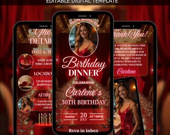 Faire-part d'anniversaire modifiable, invitation vidéo rouge, modèle modifiable, modèle auto-modifiable, invitation numérique célébration