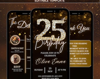 Animated 25th Birthday Party Invitation, Canva Template, Digital Envelope Animated Invite, Diamond Brunch Evite, Birthday Party Video Invite
