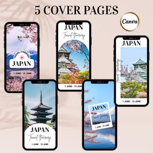 Puede incluir: Cinco pantallas de tel&eacute;fonos inteligentes que muestran portadas de itinerarios de viaje a Jap&oacute;n. Cada pantalla presenta una imagen esc&eacute;nica diferente, incluyendo monta&ntilde;as, templos y flores de cerezo, con el texto "JAPAN Travel Itinerary" y fechas. El logotipo de Canva tambi&eacute;n es visible.