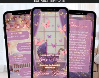 Pink and Purple Butterfly Theme Baby Shower Invitation, Animated Digital Template, Editable Girl Video Evite, Canva Design, PDF Download