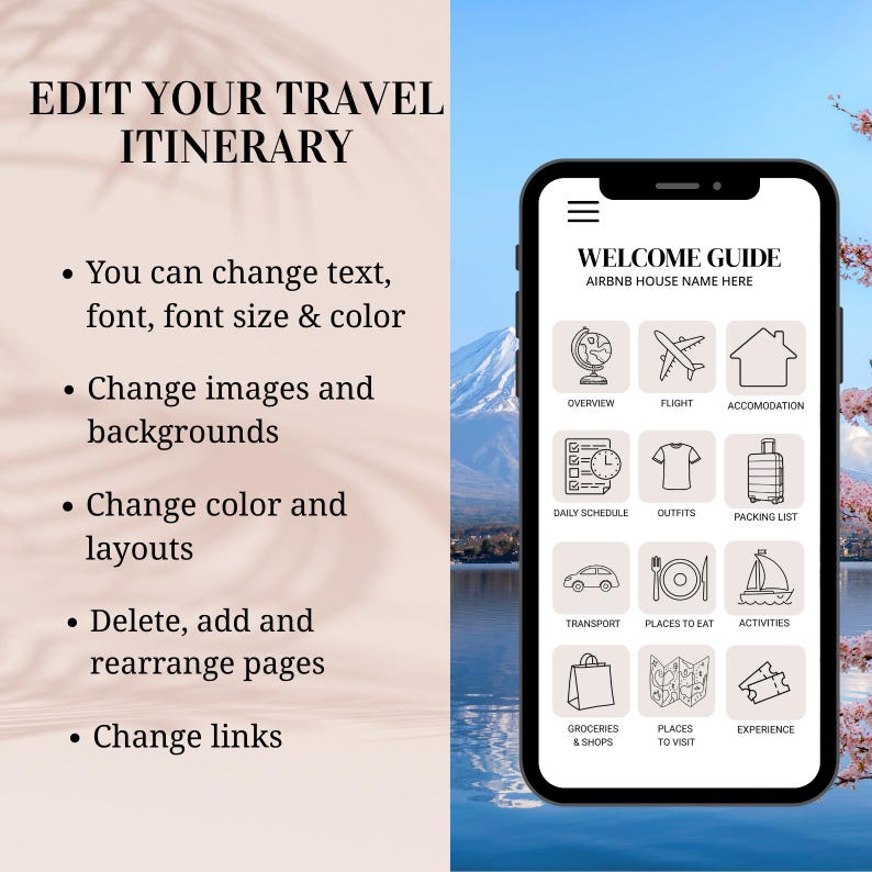 Puede incluir: Un tel&eacute;fono inteligente muestra una plantilla de itinerario de viaje con iconos para resumen, vuelo, alojamiento y m&aacute;s. La pantalla dice "WELCOME GUIDE" y "AIRBNB HOUSE NAME HERE." El texto a la izquierda dice "EDIT YOUR TRAVEL ITINERARY."