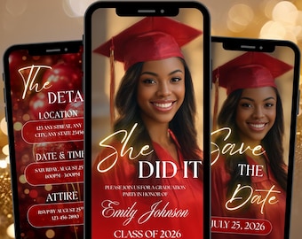 Animated Graduation Invitation, Class off 2026, She Did It Party Evite, Save the Date Graduation Templates, Canva Editable, PDF Download