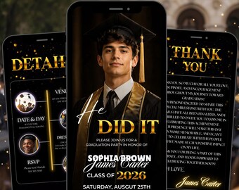 Digital Graduation Party Invitation, Class of 2026 “He Did It” Grad Invite, Editable Gold Graduation Announcement, College Ceremony Template