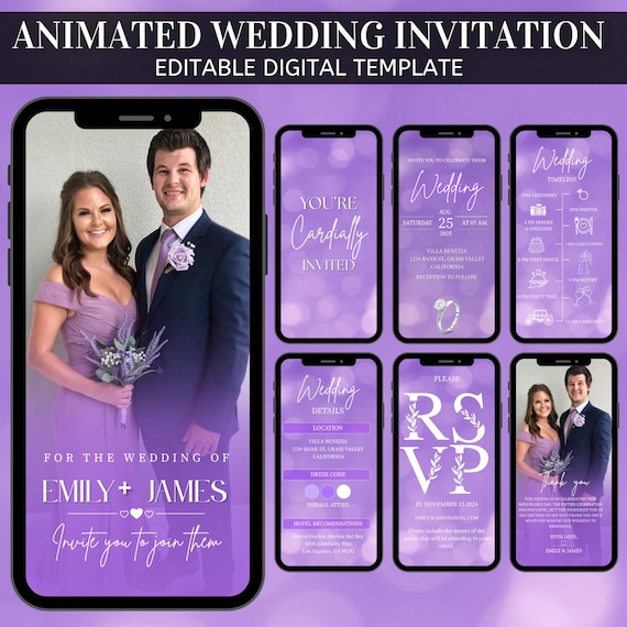 Digital Animated Wedding Invitation Template, Digital Invitation Editable, Canva Template, Purple, White Theme, luxury invite Template