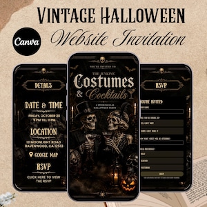 May include: A digital vintage Halloween website invitation template featuring three mobile screens. The design displays skeletons in formal attire, text reading Costumes & Cocktails, and event details including date, time, location, and RSVP fields.