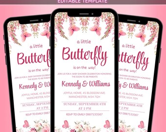 Animated Pink Butterfly Baby Shower Invitation, Pink Butterflies and Flowers Baby Shower Video Invite, Editable Template, Canva Design