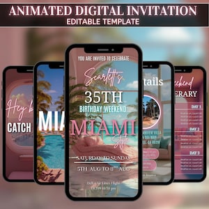 May include: A digital invitation template displayed on five smartphones. The invitation is for a 35th birthday weekend in Miami, with a pink and white color scheme. The text includes "Animated Digital Invitation" and "Editable Template."