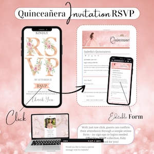 May include: Digital invitation design for a Quincea&ntilde;era, featuring a mobile phone and tablet displaying RSVP details. The design includes floral accents, the text "RSVP", and the date "BY OCTOBER 15". The invitation is an editable form.