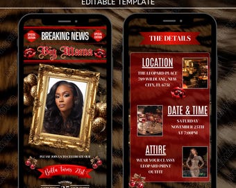 Invito digitale per compleanno Big Mama Cherry Cheetah, invito animato per serata di compleanno tra ragazze, cena glamour modificabile e festeggiamento con drink, modello PDF