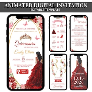 May include: A digital invitation template for a Quinceanera, displayed on a smartphone. The design features a red gown, gold accents, floral elements, and event details. The invitation includes the names Veronica & Martinez, Emily Olivia, and the date October 15, 2025.