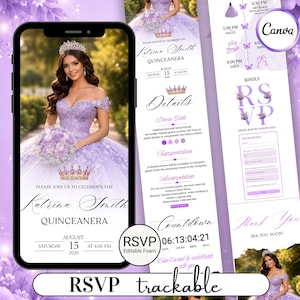 May include: A digital invitation template for a Quinceanera featuring a lavender theme. The design includes a photo of a person in a purple gown with a crown, text details for Katrina Smith, event schedule, RSVP section, and a countdown timer.