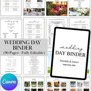 Könnte beinhalten: Eine digitale Vorlage für einen Hochzeitsplaner im minimalistischen Design. Der Ordner enthält Seiten für Details zur Hochzeitsgesellschaft, Informationen zu Anbietern und einen detaillierten Zeitplan. Das Cover zeigt den Text "Wedding Day Binder" und die Namen "Amanda & James".