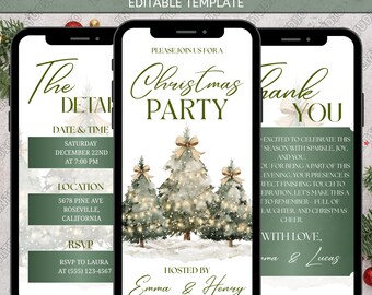 May include: Three smartphones displaying a Christmas party invitation. The central phone shows a Christmas tree design with text: "Christmas Party." Other phones show details like date, time, location, and RSVP information. The design is in green and gold.
