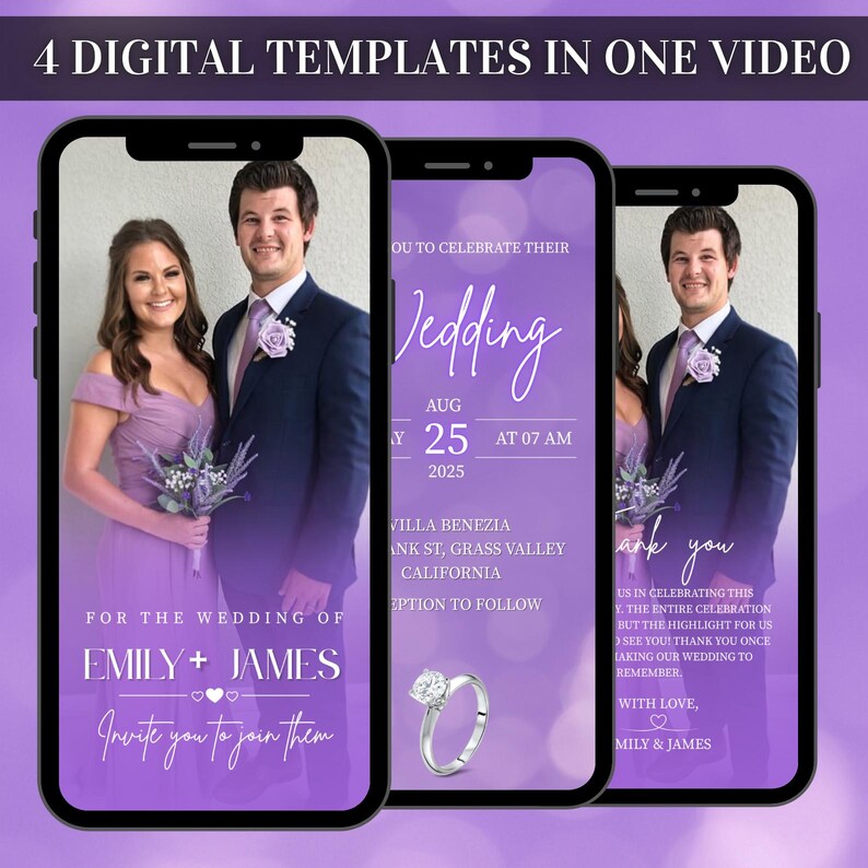 May include: A digital wedding invitation template displayed on a smartphone screen. The design features a photo of a couple, the wedding date, time, and location, with the names "Emily + James" and the words "Invite you to join them."