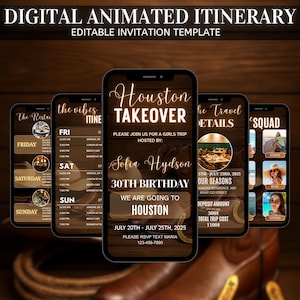 May include: Digital animated itinerary template on smartphones. The phones display travel details for a girls' trip to Houston, including a 30th birthday celebration. The design features a rustic brown background and text.