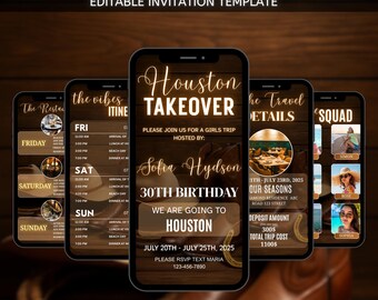 Digital Houston Takeover Trip Weekend Invitation, Houston Birthday itinerary, Itinerary Template, Houston Itinerary, Vacation Schedule Trip