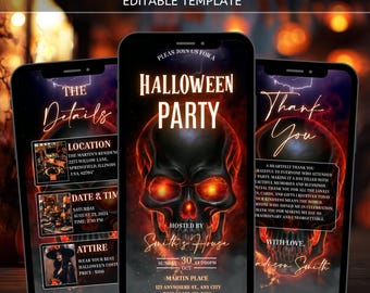 Puede incluir: Plantilla de invitación digital animada para una fiesta de Halloween en tres teléfonos inteligentes. El teléfono central muestra una calavera con ojos rojos brillantes, el texto "Halloween Party" y los detalles del evento. Los otros teléfonos muestran detalles del evento y un mensaje de agradecimiento.