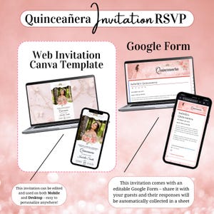 May include: A digital invitation template for a Quincea&ntilde;era, displayed on a laptop and smartphone. The design features a photo of a young woman, floral accents, and event details. The invitation is easy to personalize and can be used on mobile and desktop.