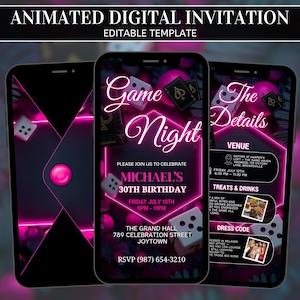 May include: Animated digital invitation template for a game night birthday party. The design features a neon pink and black color scheme with dice, playing cards, and the text "Game Night". The invitation includes event details.