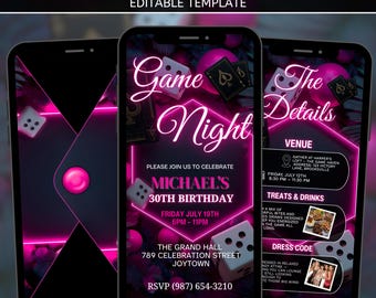 Animated Game Night Invitation Template, Editable Digital Birthday Party Invite, Neon Theme Adult Game Night Design, PDF Download Canva File