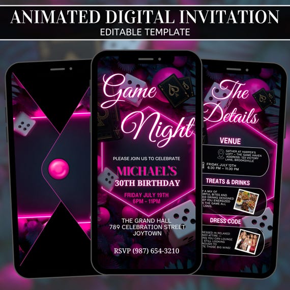 Animated Game Night Invitation Template, Editable Digital Birthday Party Invite, Neon Theme Adult Game Night Design, PDF Download Canva File